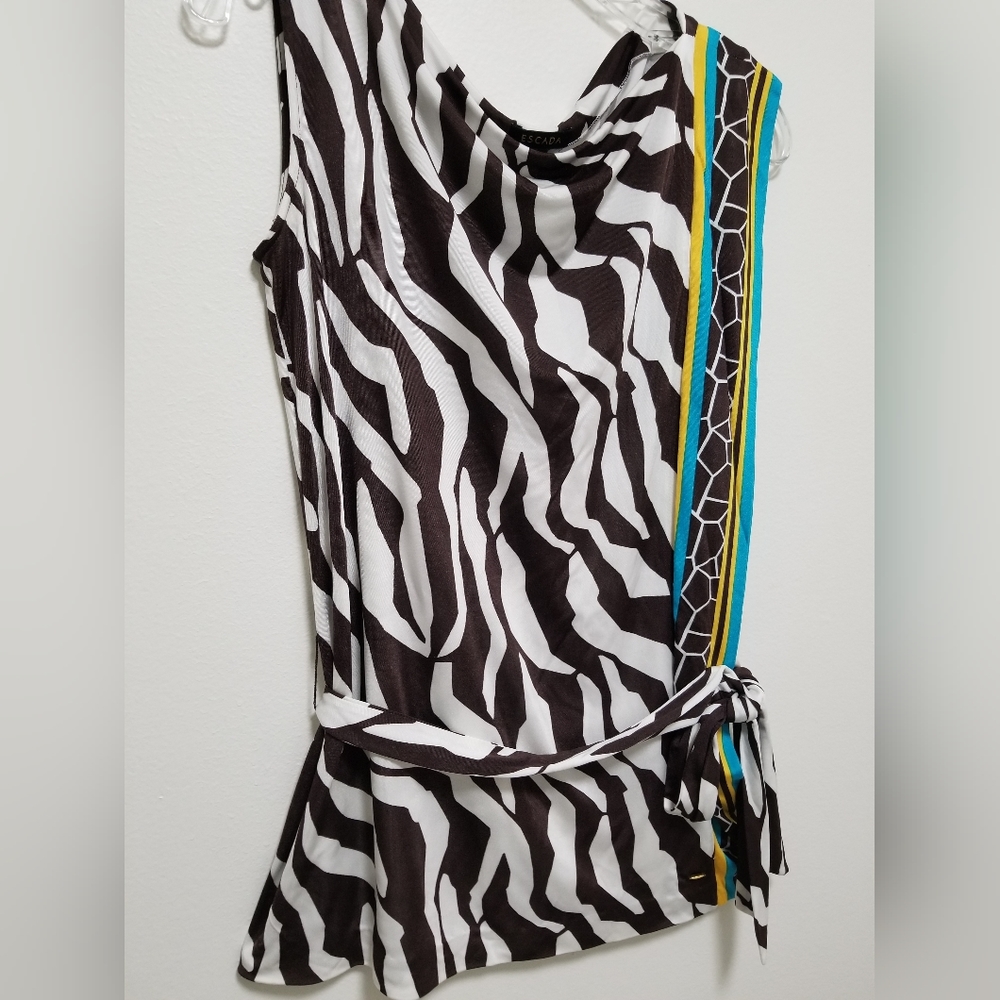Escada Brown Animal Print Combo Jersey Blouse Belted Sleeveless Size Small - Picture 2 of 12